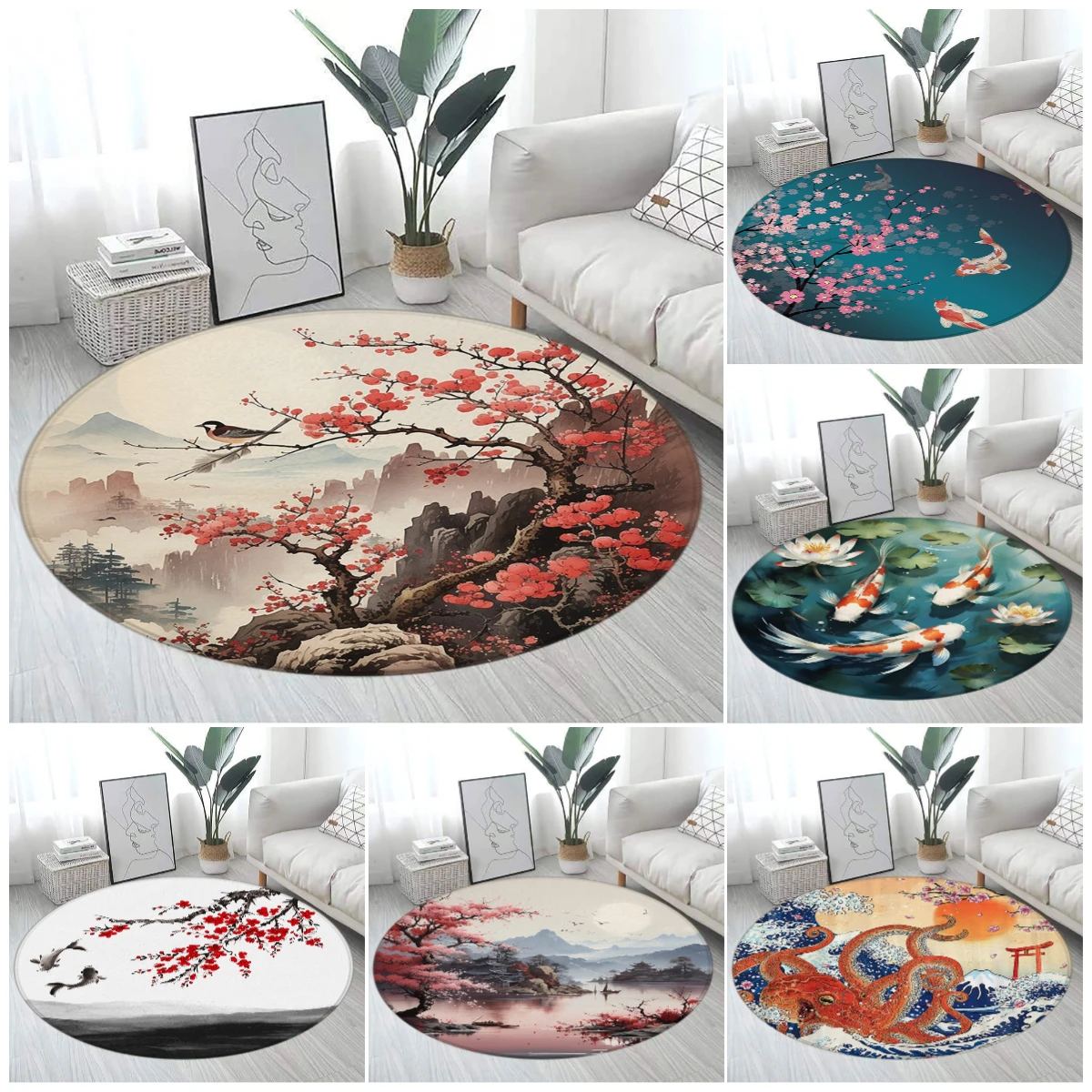 Japanese Home Textiles - Japon Koi ve Kiraz Çiçeği Yuvarlak