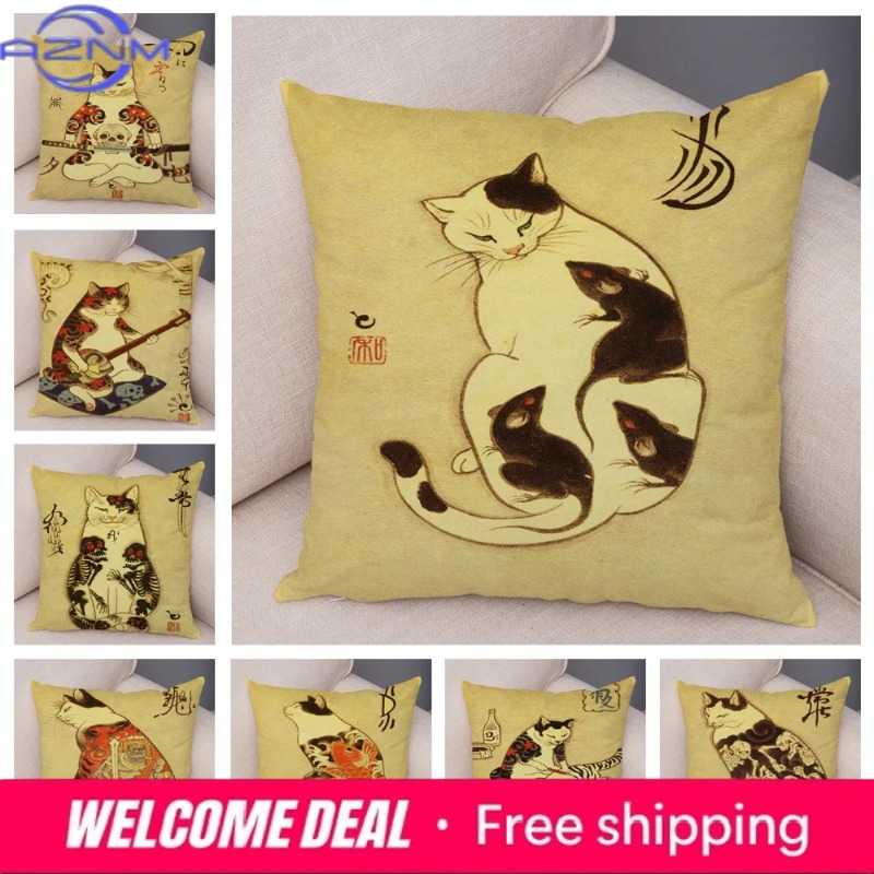 Japanese Home Textiles - Vintage Japon Samuray Kedi Dövme Minder